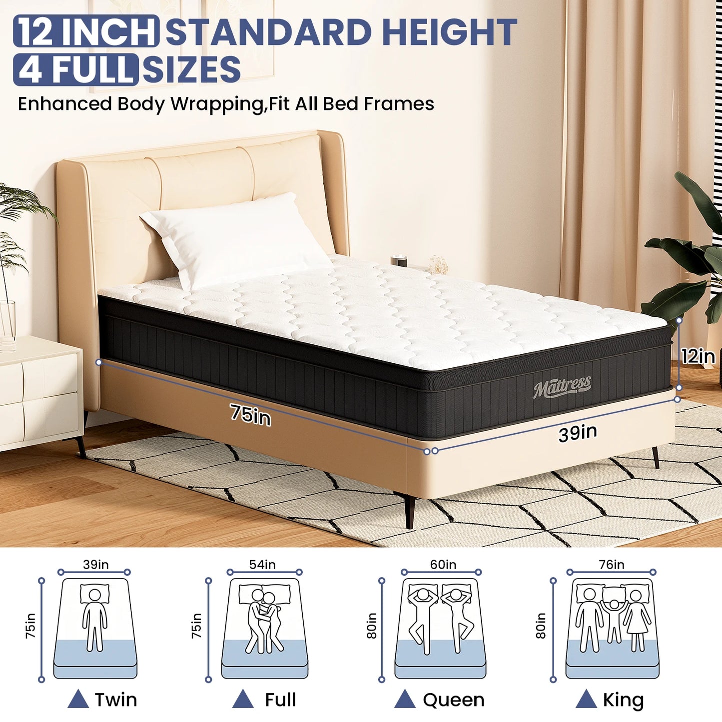 12 Inch Twin Mattress, Hybrid Pocket Spring Mattress