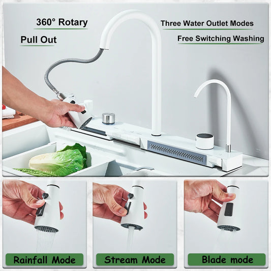 White Nano Stainless Steel Kitchen Sink Double Waterfall