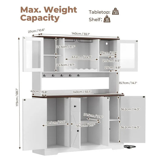 68 Tall Kitchen Pantry Storage Cabinet with Charging Station, 55 Wide Kitchen Hutch Cabinet with Large Countertop