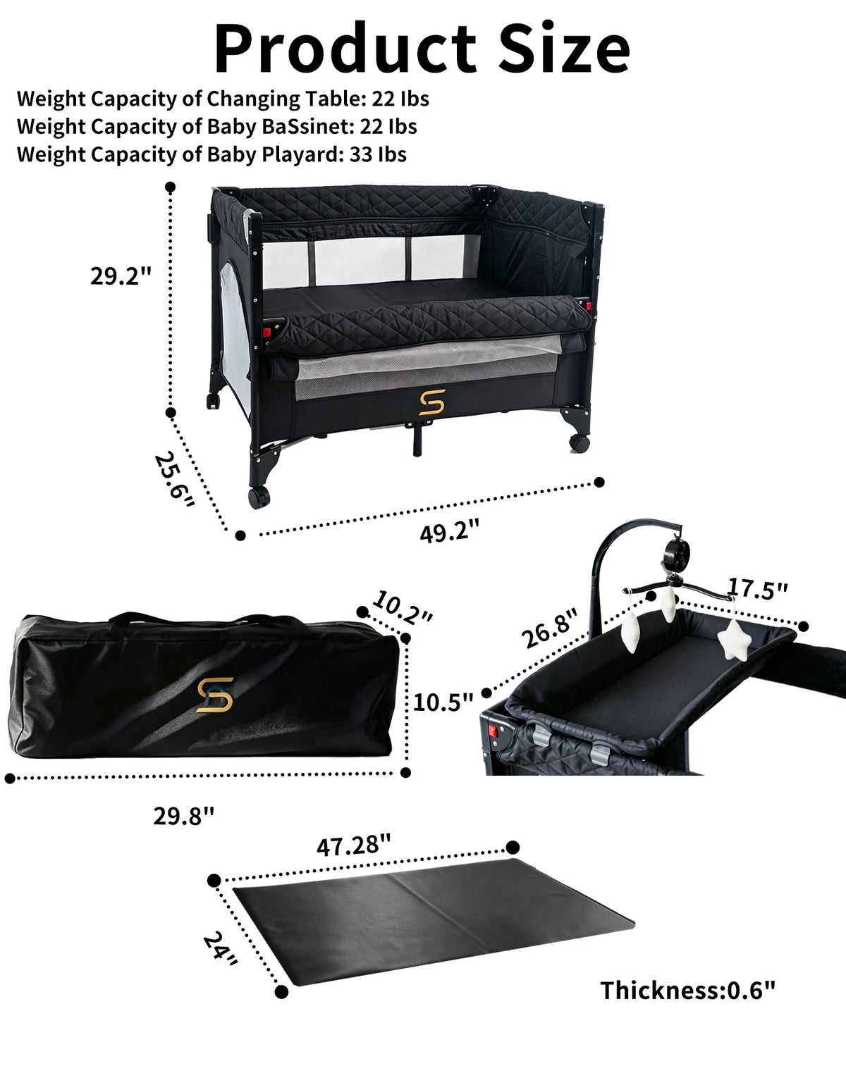 Steanny Pack n Play, All-in-one Playard with Bassinet,Pack and Play,Bedside Sleeper Fodble Travel Cribs with 4Wheels, Changeing Table,Mosquito Net,Toys Bars with Music