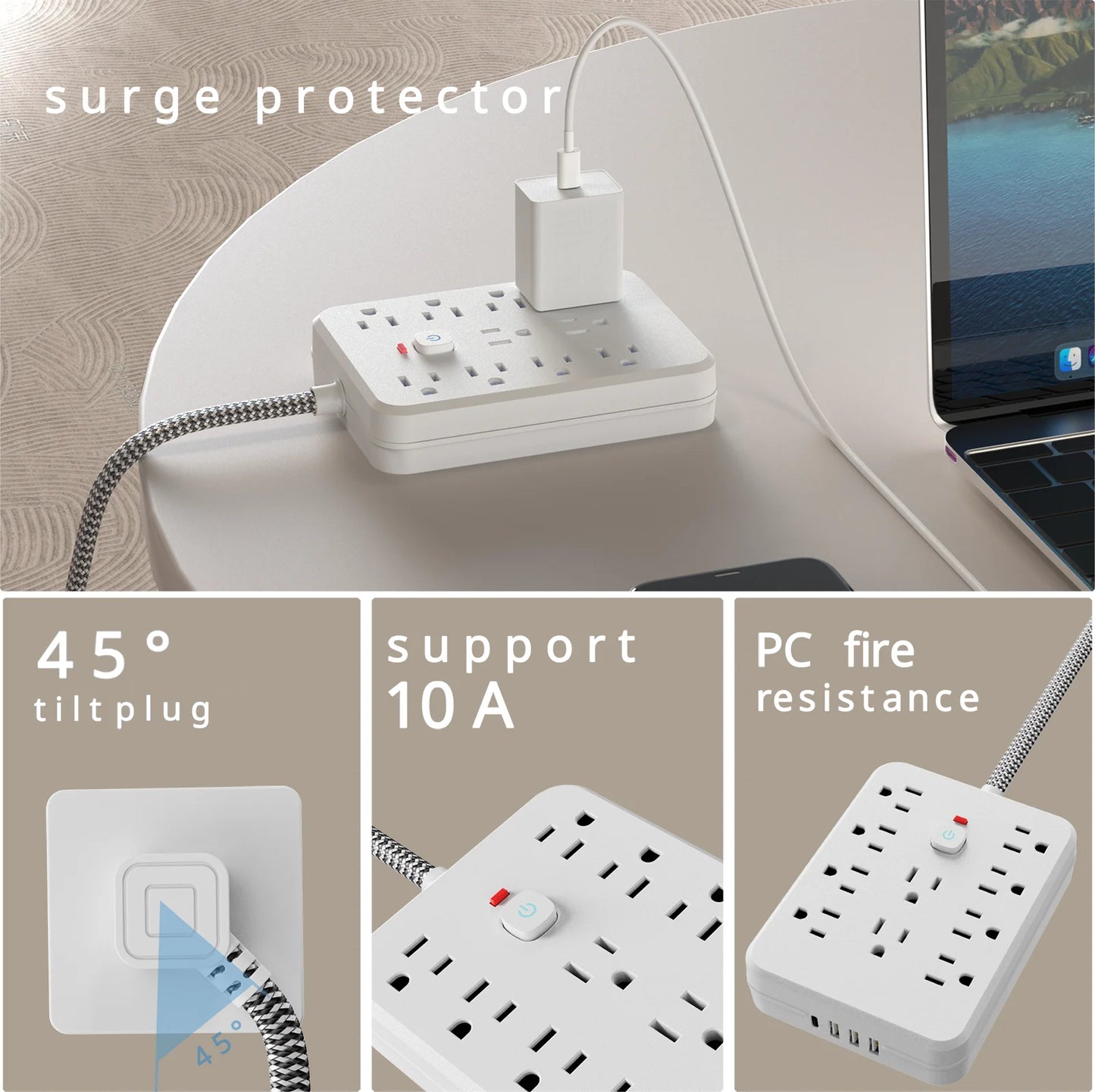 10AC outlets with 5-ft Woven material wire, 3USB ,1 USB-C fast-charging ports Power strip surge protector