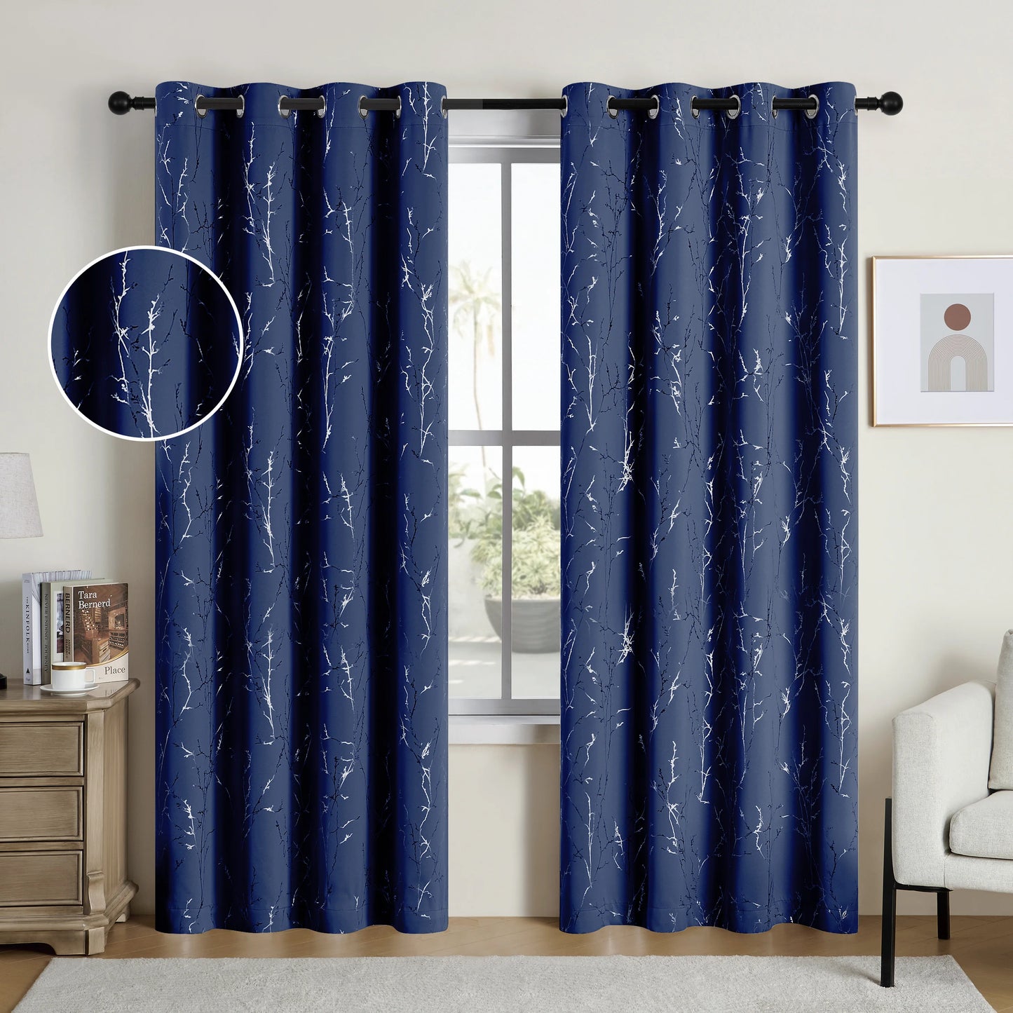 2 Blackout Curtains Grommet Thermal Insulated Room Darkening With Tree Print