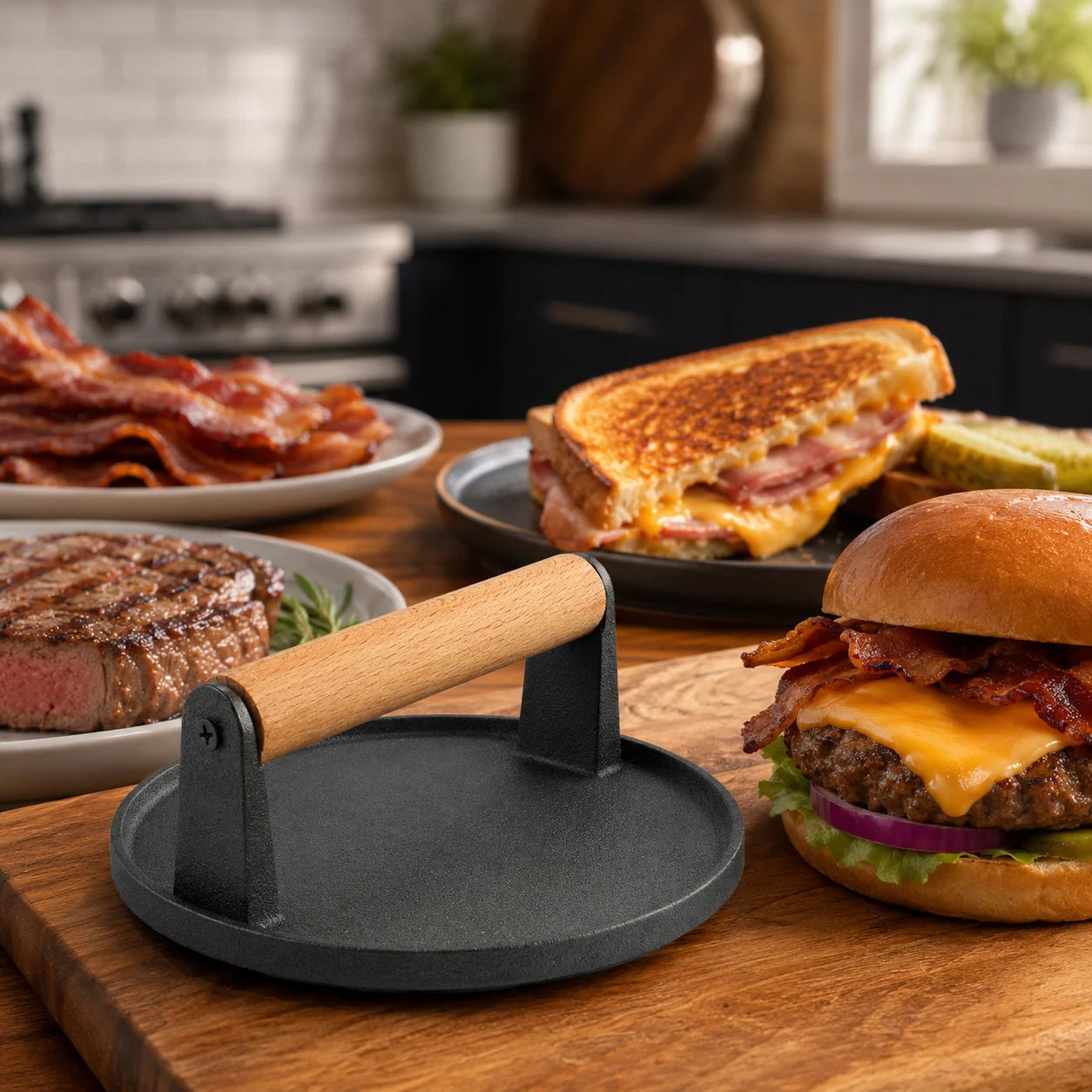 Smashed Burger Press with Wood Handle
