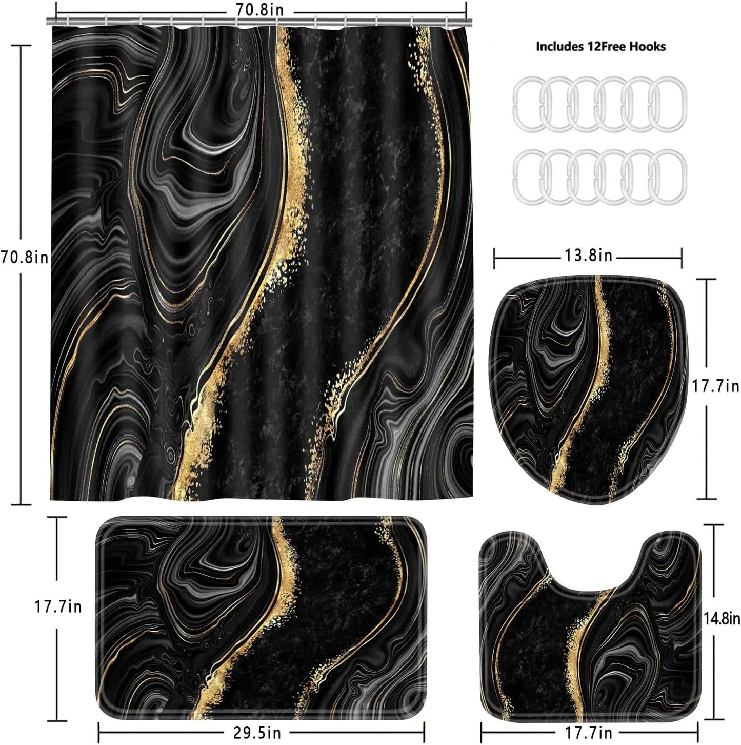 4-Piece Black Marble Shower Curtain Set