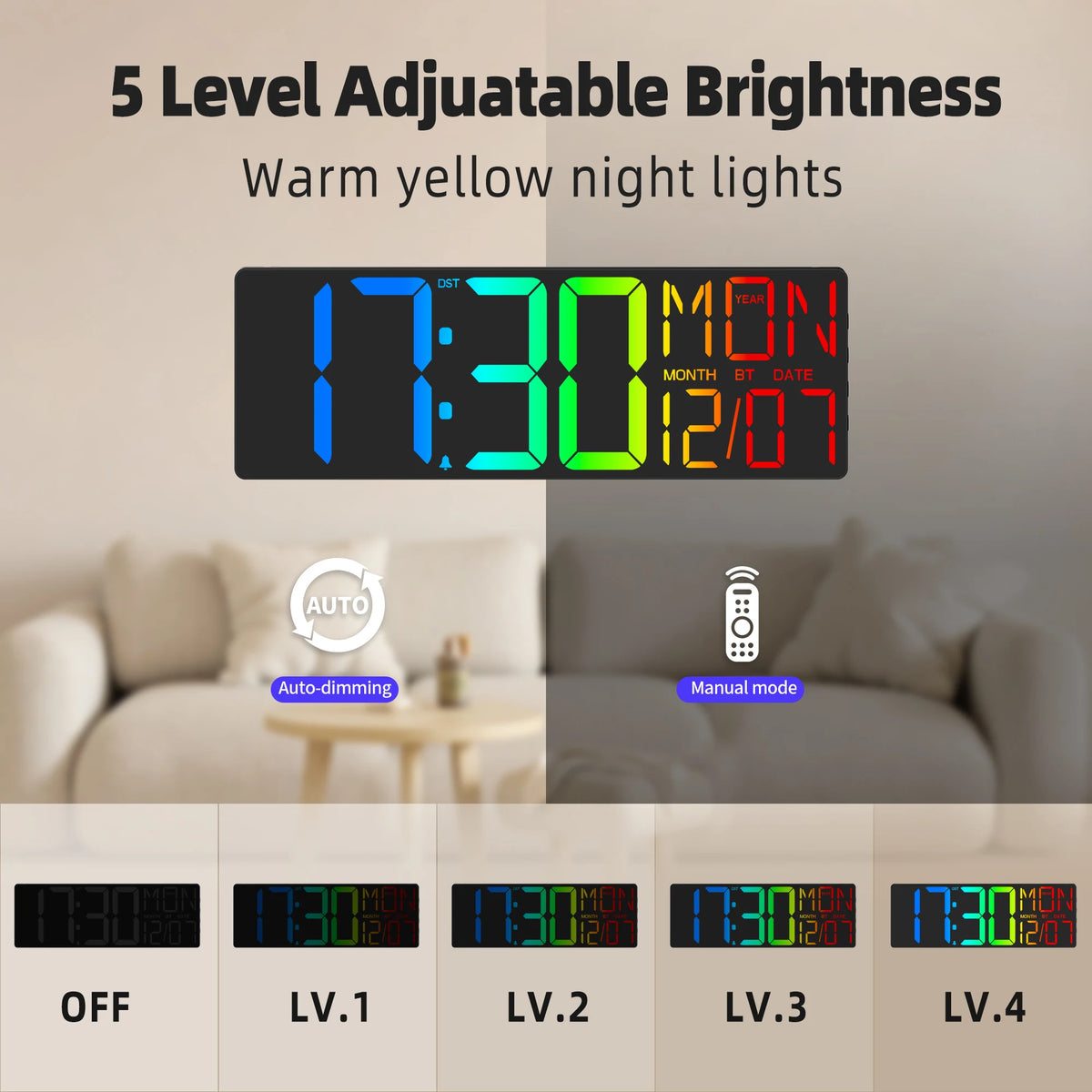 18" RGB Large Digital Wall Clock | Remote Control, Timer, Temp & Date