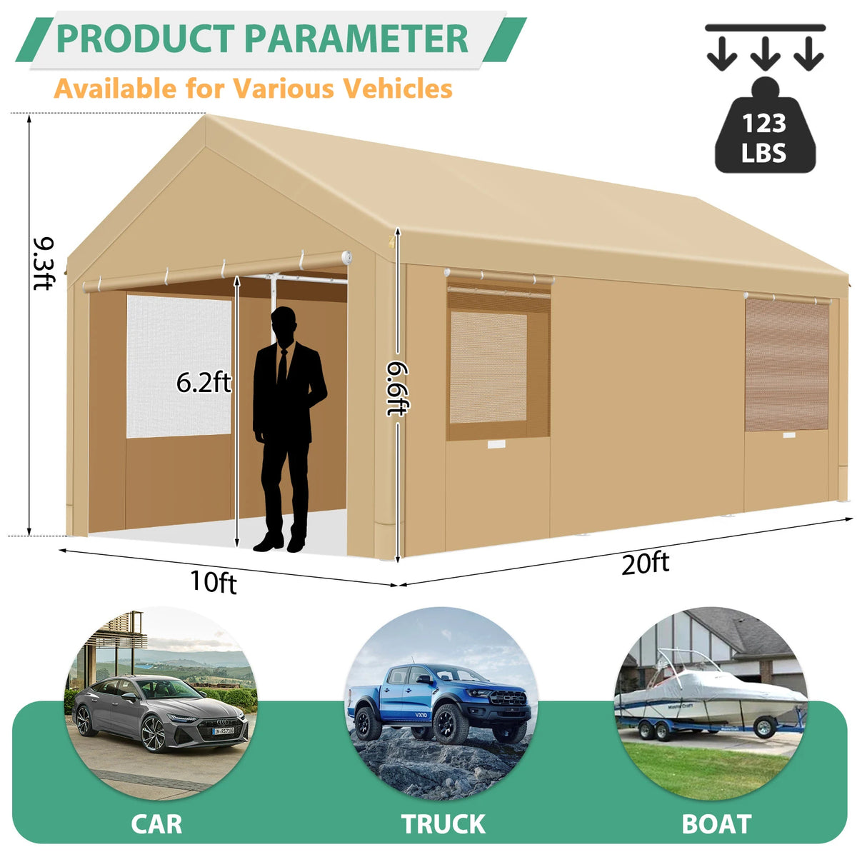 10x20/12x20ft Carport Heavy Duty Portable Garage With Removable Sidewalls