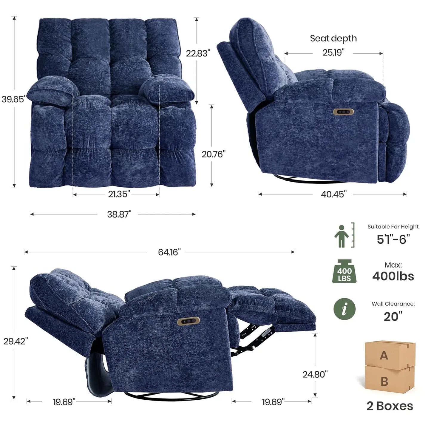 42" Oversized Power Swivel Rocker Recliner