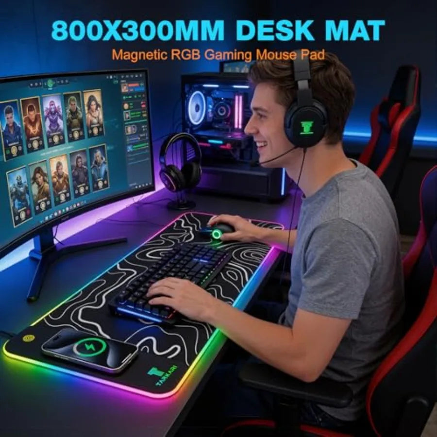 Magnetic Wireless Charging RGB Mouse Pad, Large Gaming Desk Mat Waterproof