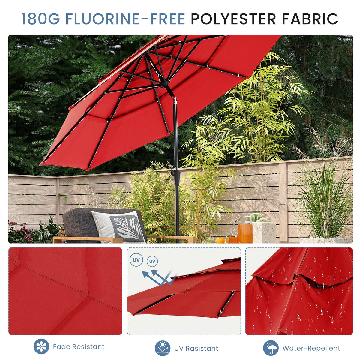 JHK Outdoor 10 FT Solar Patio Umbrella with 32 LED Lights