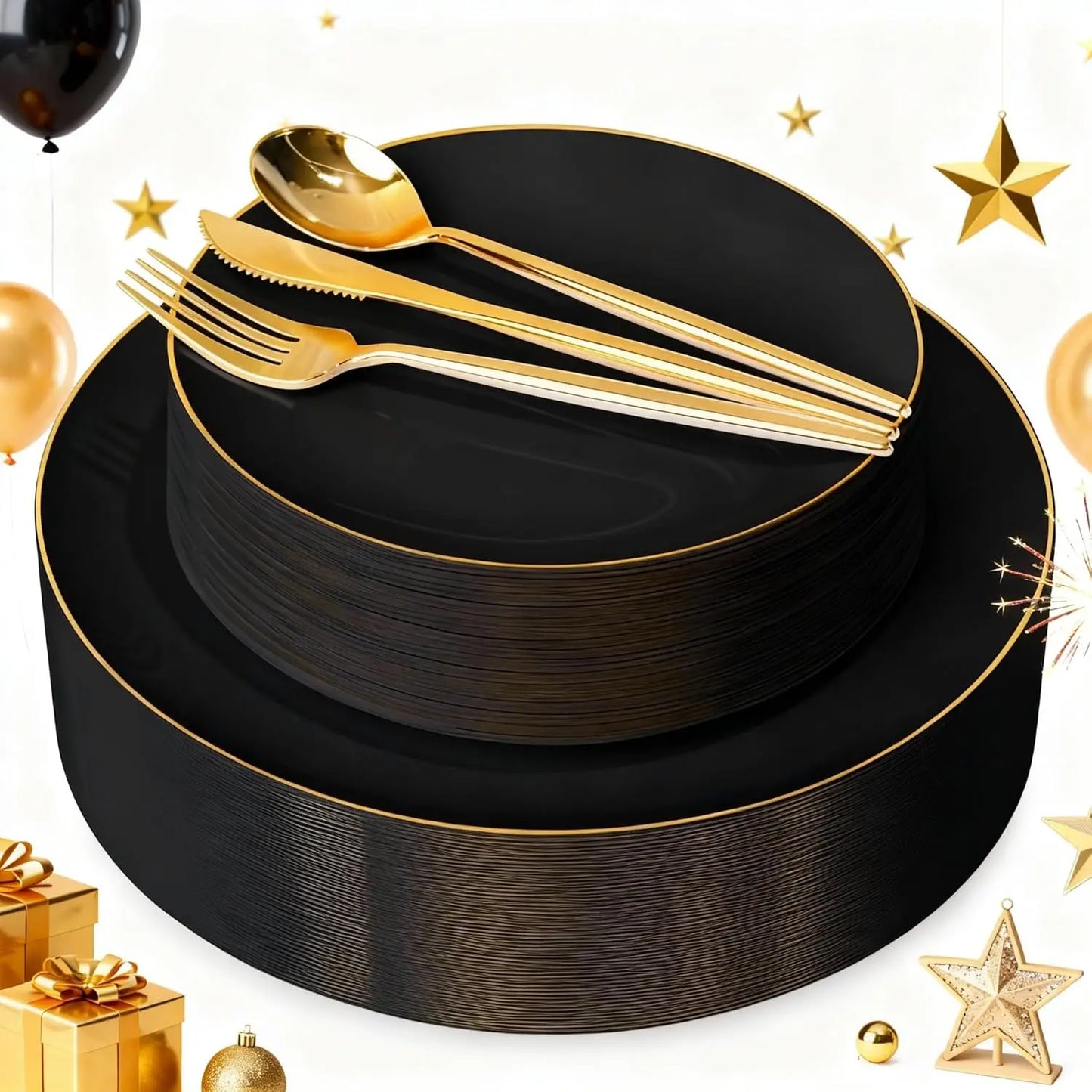 150Pcs Black Plastic Plates for 30 Guests