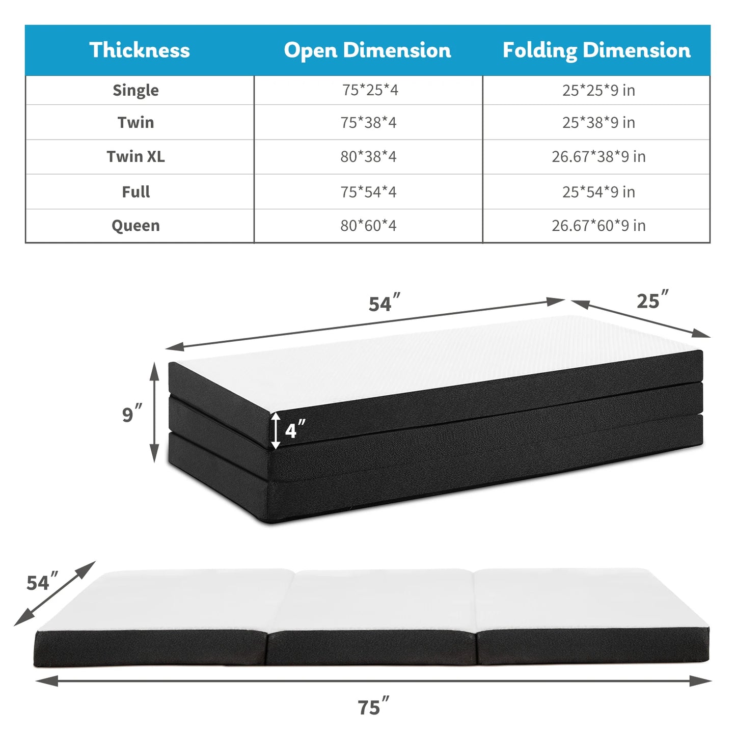 JHK Tri-Fold Memory Foam Mattress with Collapsible and Washable Cover