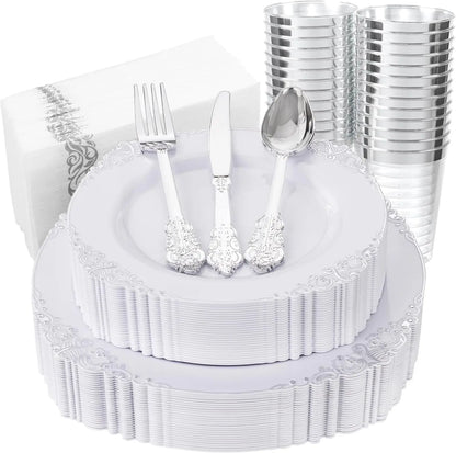 175PCS Silver Plastic Plates Set for 25 Guests