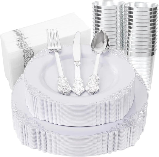 175PCS Silver Plastic Plates Set for 25 Guests