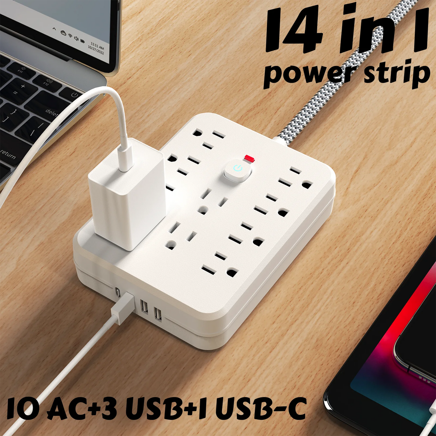 10AC outlets with 5-ft Woven material wire, 3USB ,1 USB-C fast-charging ports Power strip surge protector