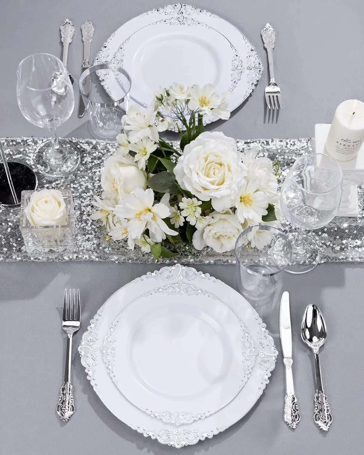 175PCS Silver Plastic Plates Set for 25 Guests