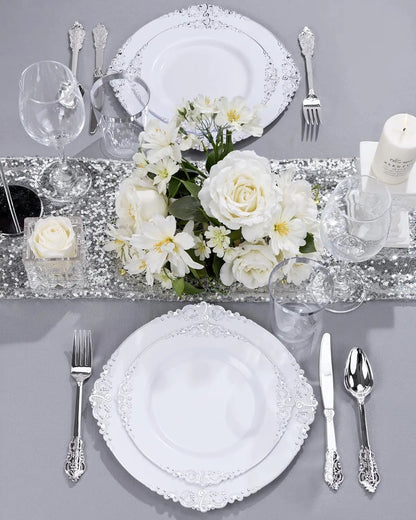 175PCS Silver Plastic Plates Set for 25 Guests