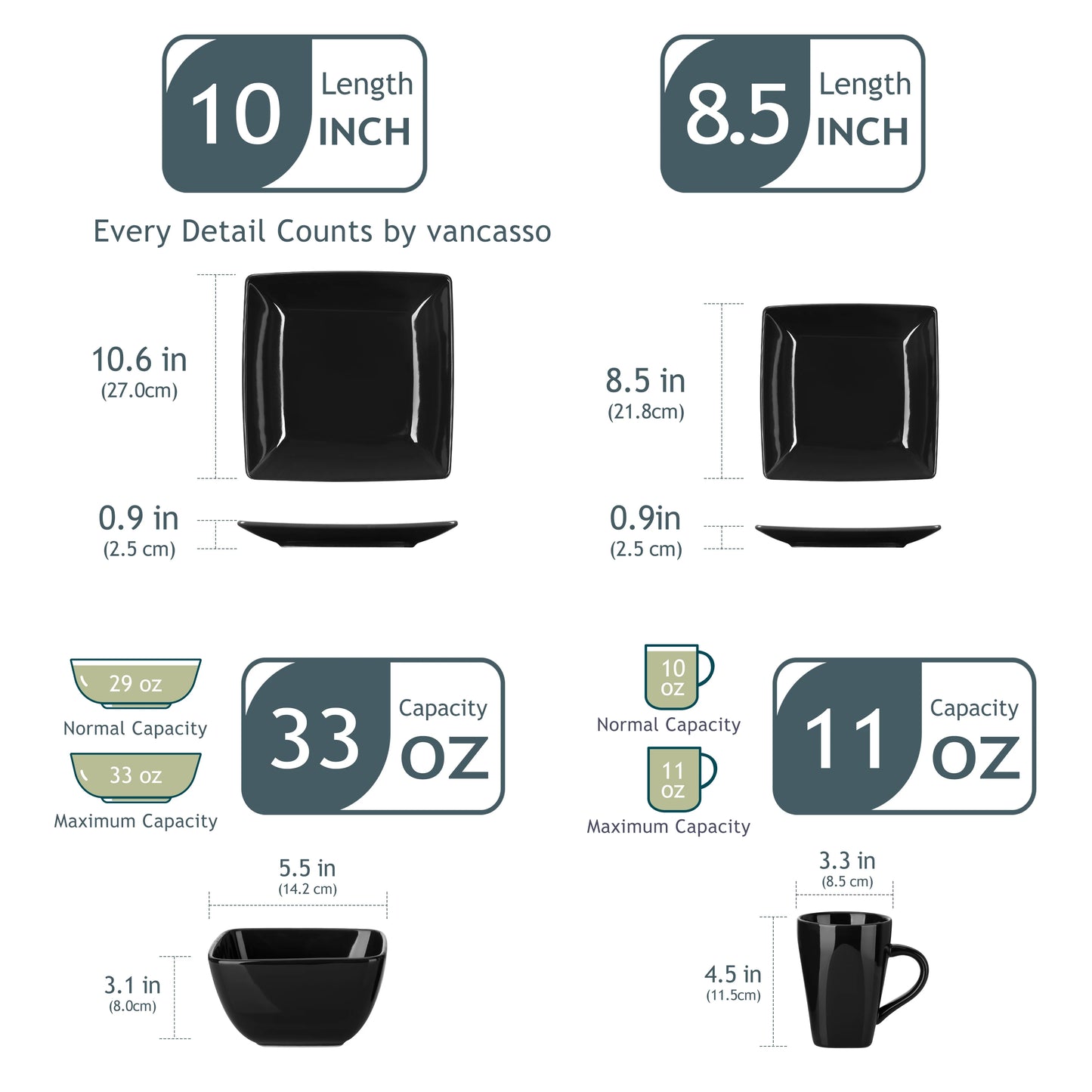 Vancasso SOHO 16/32/48-Piece Black Ceramic Porcelain Square Dinnerware Set