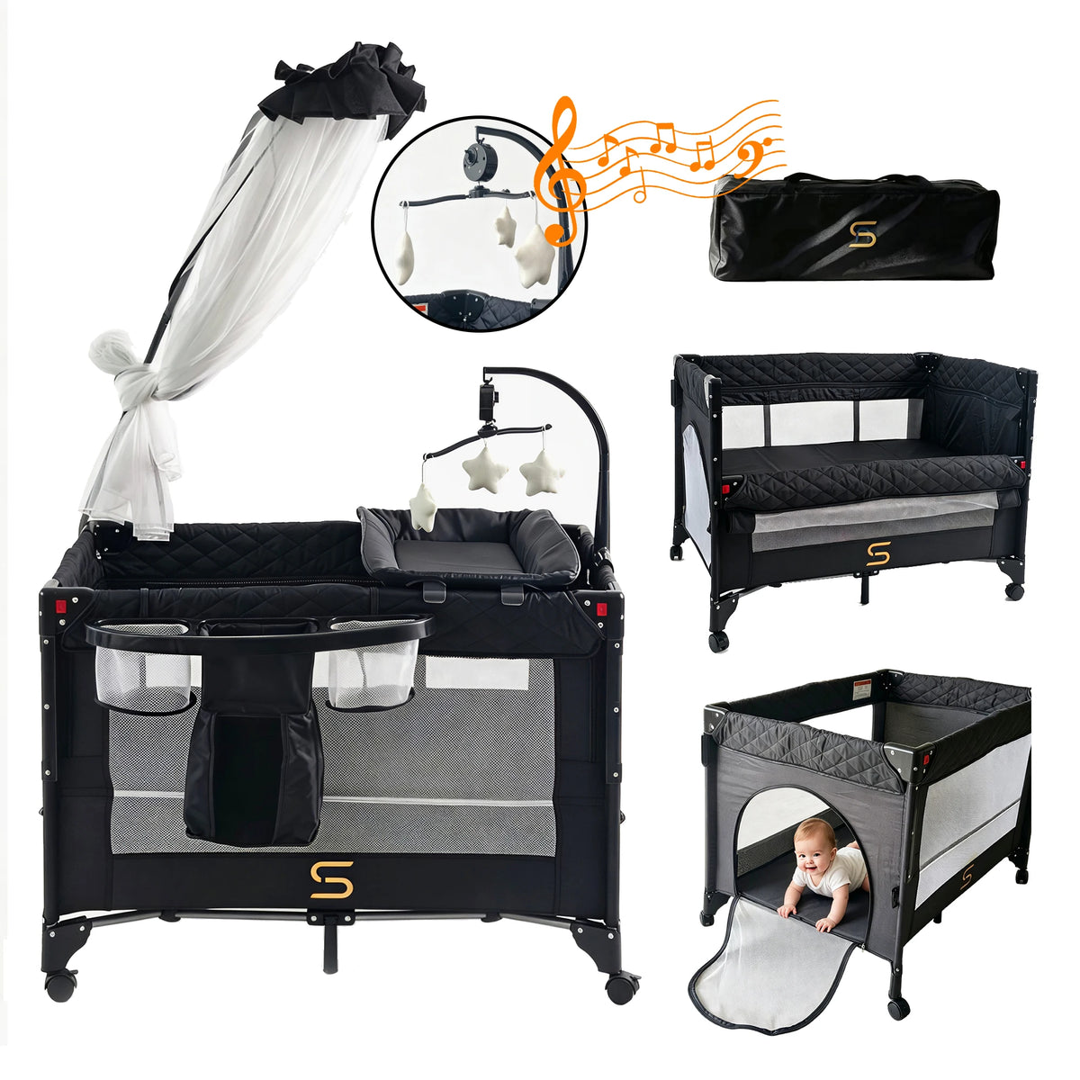 Steanny Pack n Play, All-in-one Playard with Bassinet,Pack and Play,Bedside Sleeper Fodble Travel Cribs with 4Wheels, Changeing Table,Mosquito Net,Toys Bars with Music