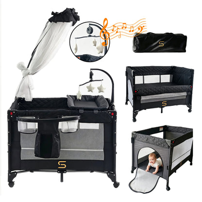 Steanny Pack n Play, All-in-one Playard with Bassinet,Pack and Play,Bedside Sleeper Fodble Travel Cribs with 4Wheels, Changeing Table,Mosquito Net,Toys Bars with Music