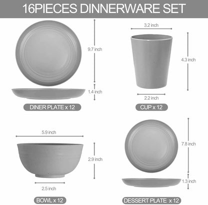 48-Piece Grey Plastic Wheat Straw Dinnerware Set