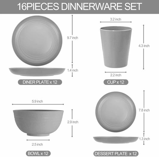48-Piece Grey Plastic Wheat Straw Dinnerware Set