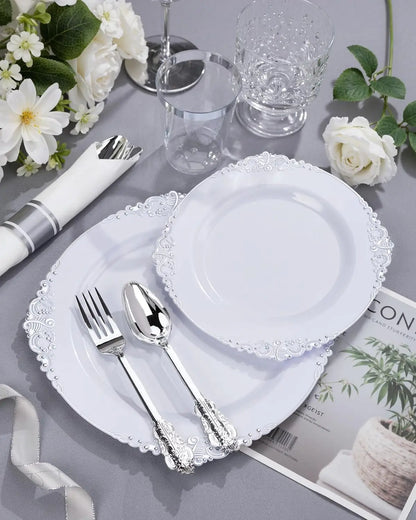 175PCS Silver Plastic Plates Set for 25 Guests
