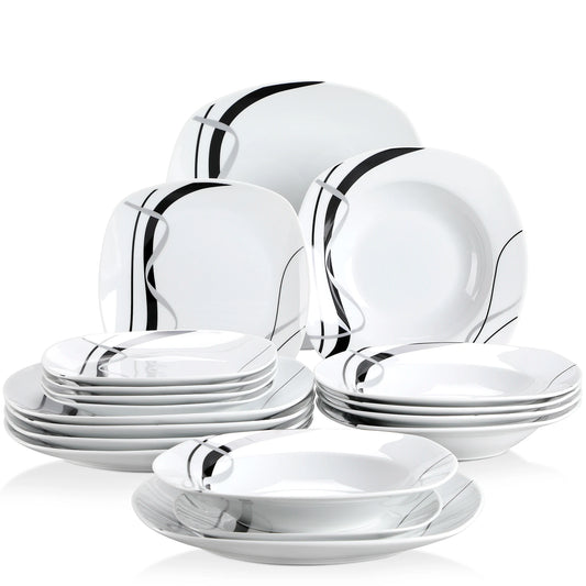 VEWEET FIONA 18/36-Piece Porcelain Ceramic Black Line Kitchen Tableware Dishes Plate Set with Dinner Plate,Dessert,Soup Plate