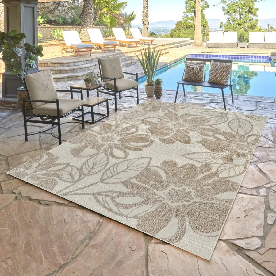 Tropea Woodbury Casual Tropical Floral Beige Ivory Premium Flatweave UV Resistant Indoor Outdoor Area Rug 8x10