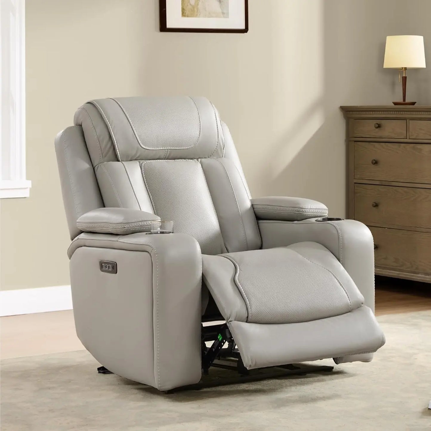 Super Zero Gravity Recliner Chair, Oversized Genuine Leather Electric Recliner W Power Adjustable Headrest & Lumbar