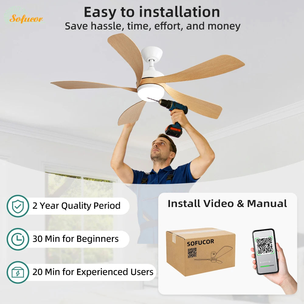 Sofucor 52-Inch 5 Blade Ceiling Fan With LED