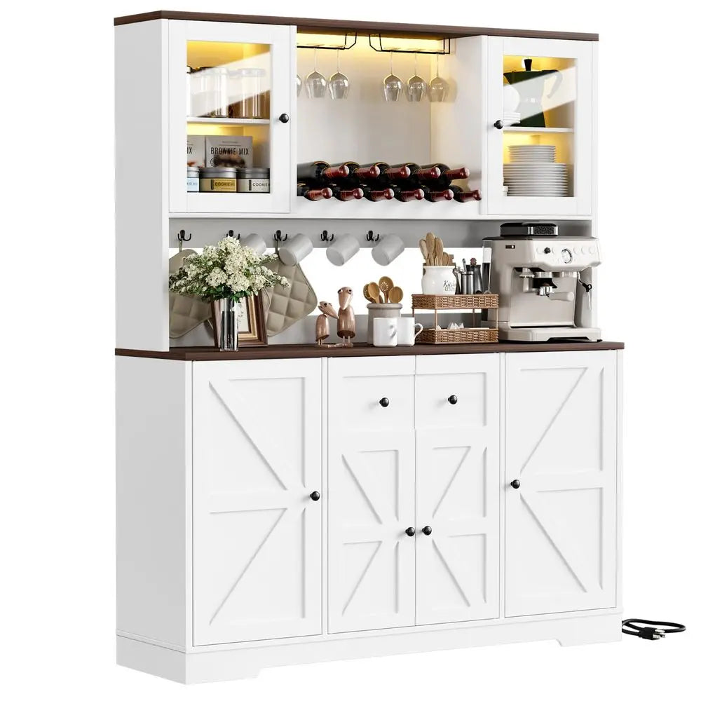 68 Tall Kitchen Pantry Storage Cabinet with Charging Station, 55 Wide Kitchen Hutch Cabinet with Large Countertop