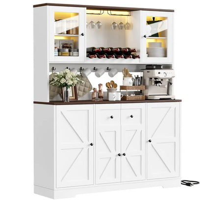 68 Tall Kitchen Pantry Storage Cabinet with Charging Station, 55 Wide Kitchen Hutch Cabinet with Large Countertop
