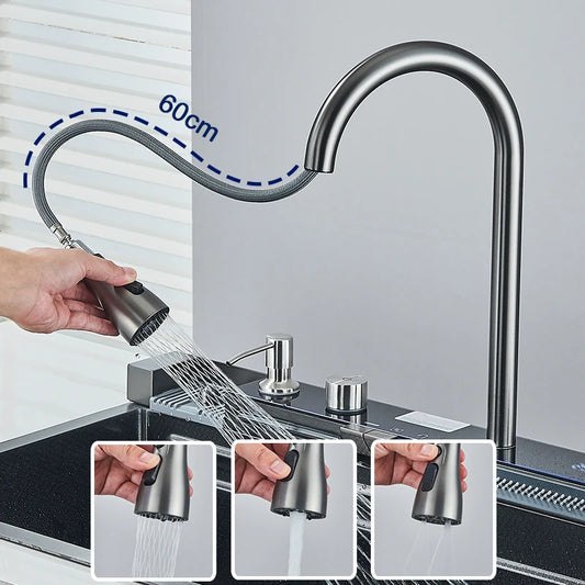 Stainless Steel Kitchen Sink with Faucet Digital Display Large Single Bowl Waterfall