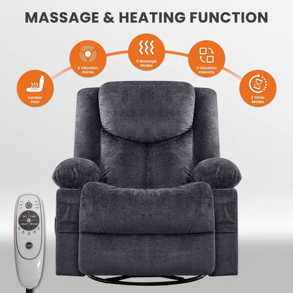 Swivel Recliner Chair w/ Massage & Heat, Rocker, Side Pocket & 2 Cup Holders