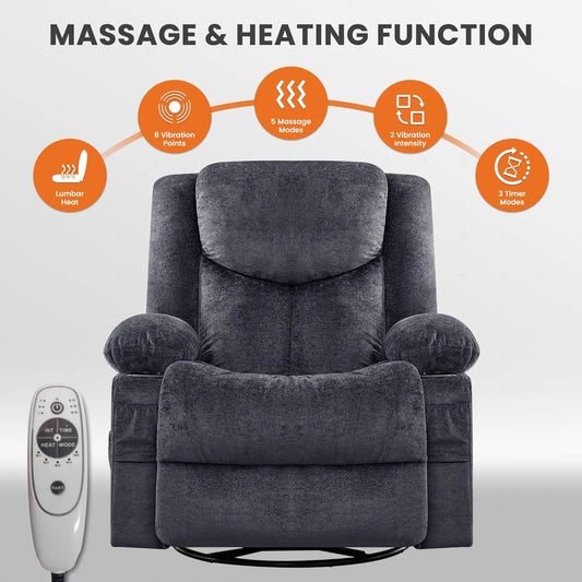 Swivel Recliner Chair w/ Massage & Heat, Rocker, Side Pocket & 2 Cup Holders