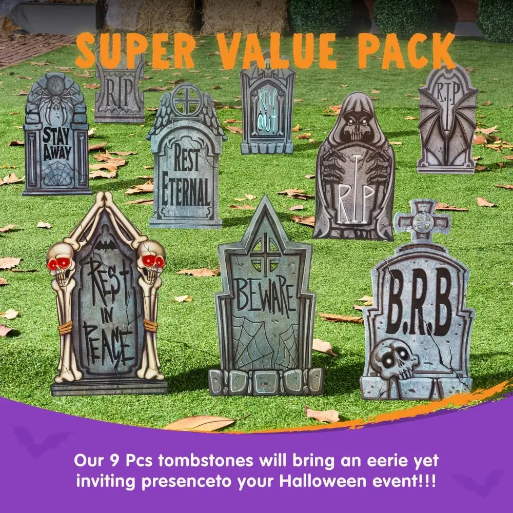16" 9 Pcs Halloween Tombstones Decorations Outdoor Graveyard Decor