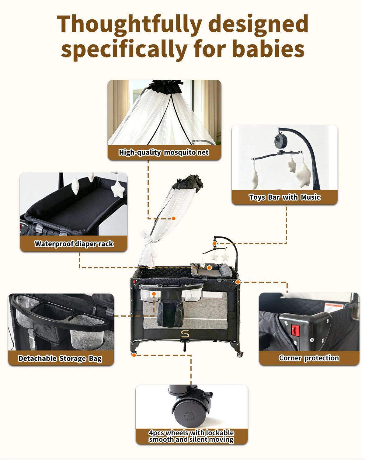 Steanny Pack n Play, All-in-one Playard with Bassinet,Pack and Play,Bedside Sleeper Fodble Travel Cribs with 4Wheels, Changeing Table,Mosquito Net,Toys Bars with Music