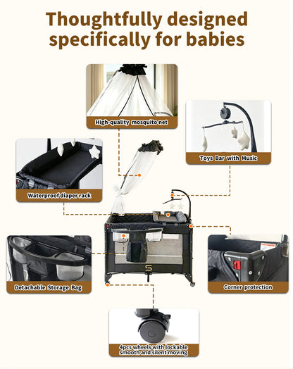 Steanny Pack n Play, All-in-one Playard with Bassinet,Pack and Play,Bedside Sleeper Fodble Travel Cribs with 4Wheels, Changeing Table,Mosquito Net,Toys Bars with Music