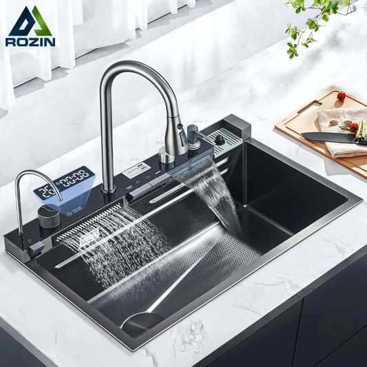Stainless Steel Kitchen Sink with Faucet Digital Display Large Single Bowl Waterfall