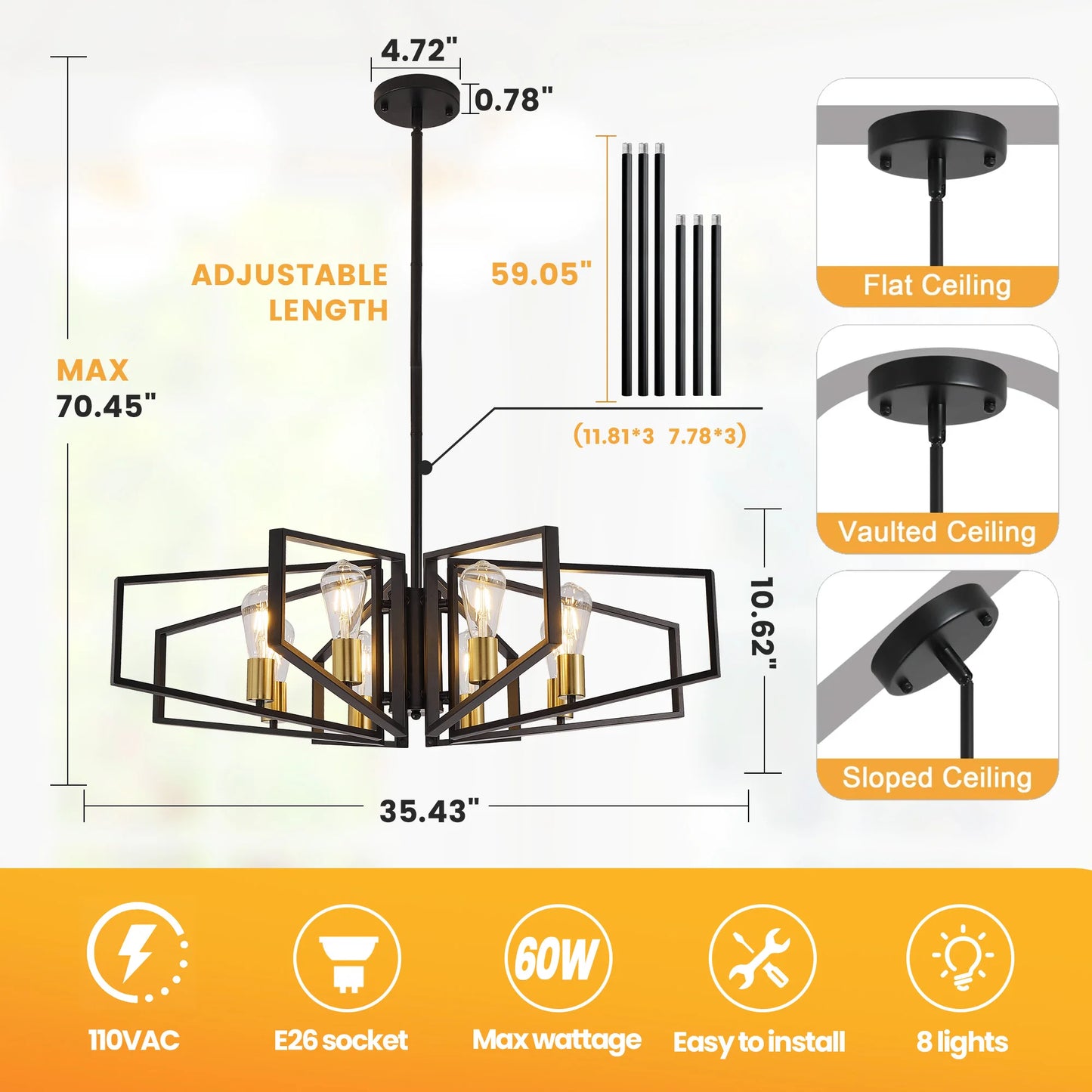 8-Light Chandelier Adjustable Height