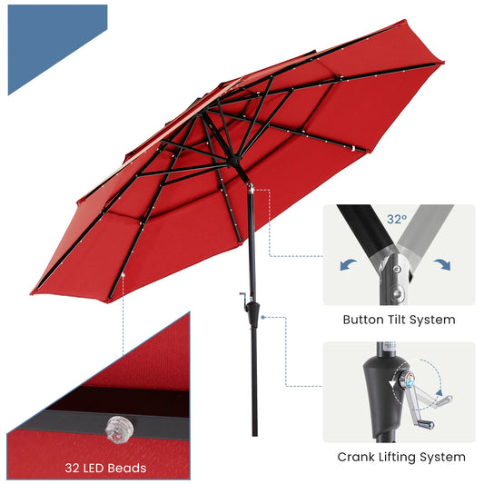 JHK Outdoor 10 FT Solar Patio Umbrella with 32 LED Lights