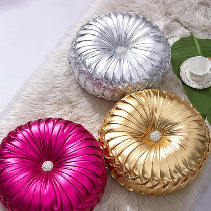Gold Metallic Leather Round Throw Pillow