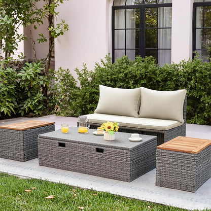 Outdoor Rattan Daybed with 2 Side Tables, Multifunctional Wicker Patio Sofa with Storage Ottoman, Cushions, Customized