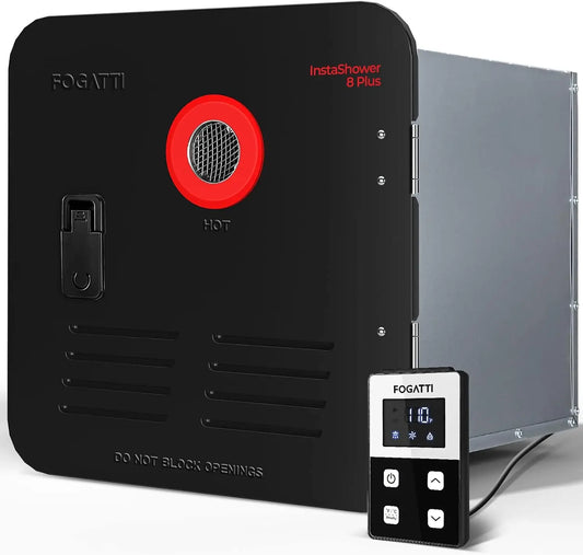 InstaShower 8 Plus Tankless Water Heater, 3 Door Sizes, 12V DC, Propane, Remote Control, Compact Retrofit for RVs & Campers