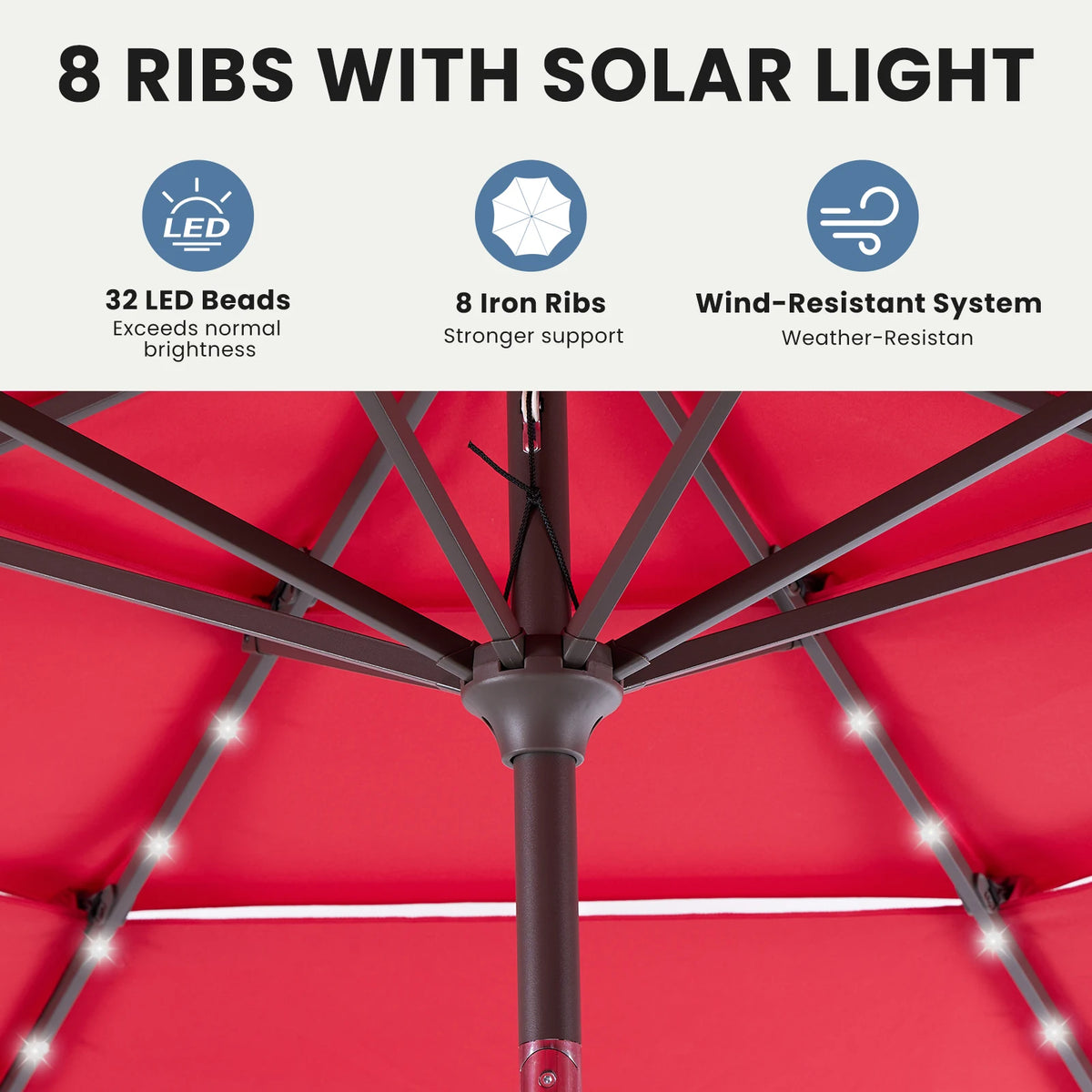 JHK Outdoor 10 FT Solar Patio Umbrella with 32 LED Lights