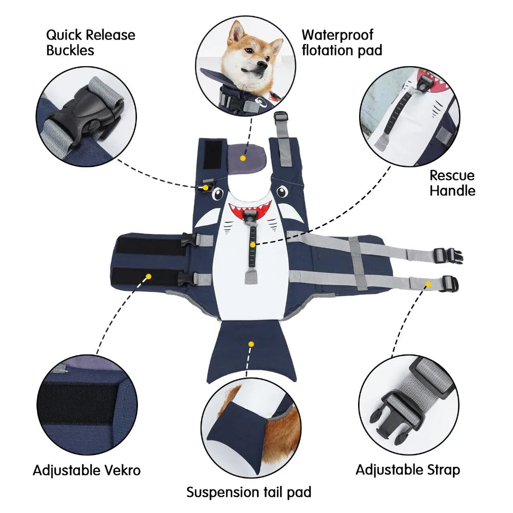 M & L Size Dog Shark Life Jacket Chin Support Floating Vest