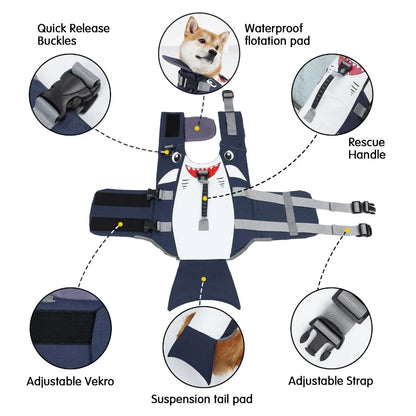M & L Size Dog Shark Life Jacket Chin Support Floating Vest