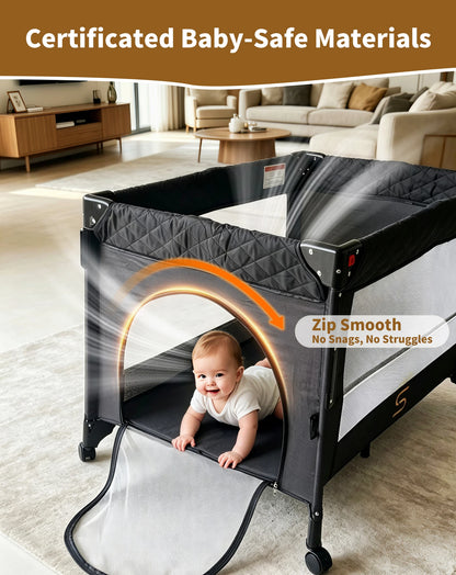 Steanny Pack n Play, All-in-one Playard with Bassinet,Pack and Play,Bedside Sleeper Fodble Travel Cribs with 4Wheels, Changeing Table,Mosquito Net,Toys Bars with Music