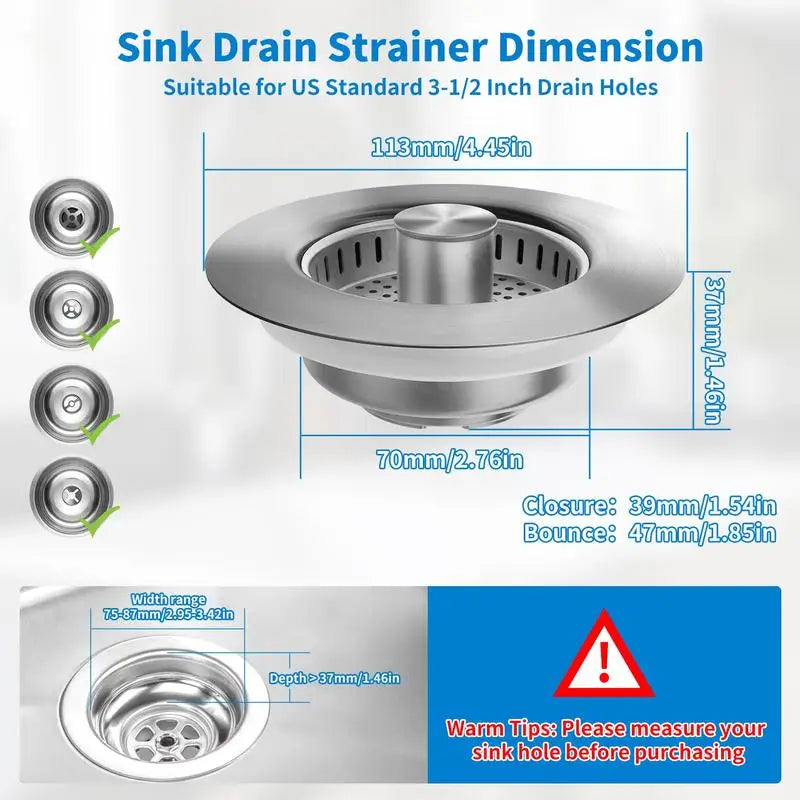 3-in-1 Stainless Steel Kitchen Sink Strainer