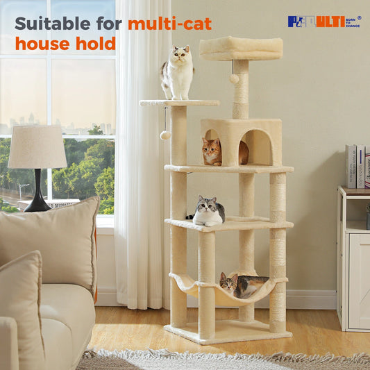 Multi-Level Cat Tree Tower with Private Condo,Top Perches,Large Soft Hammock,Interactive Pompom,Natural Sisal Scratching Posts